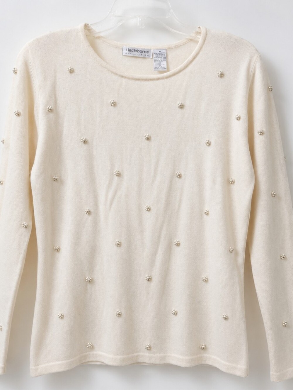 VTG  LIZ CLAIBORNE COLLECTION WOOL LONG SLEEVE PEARLS EMBELISH SHOULDER PAD TOP